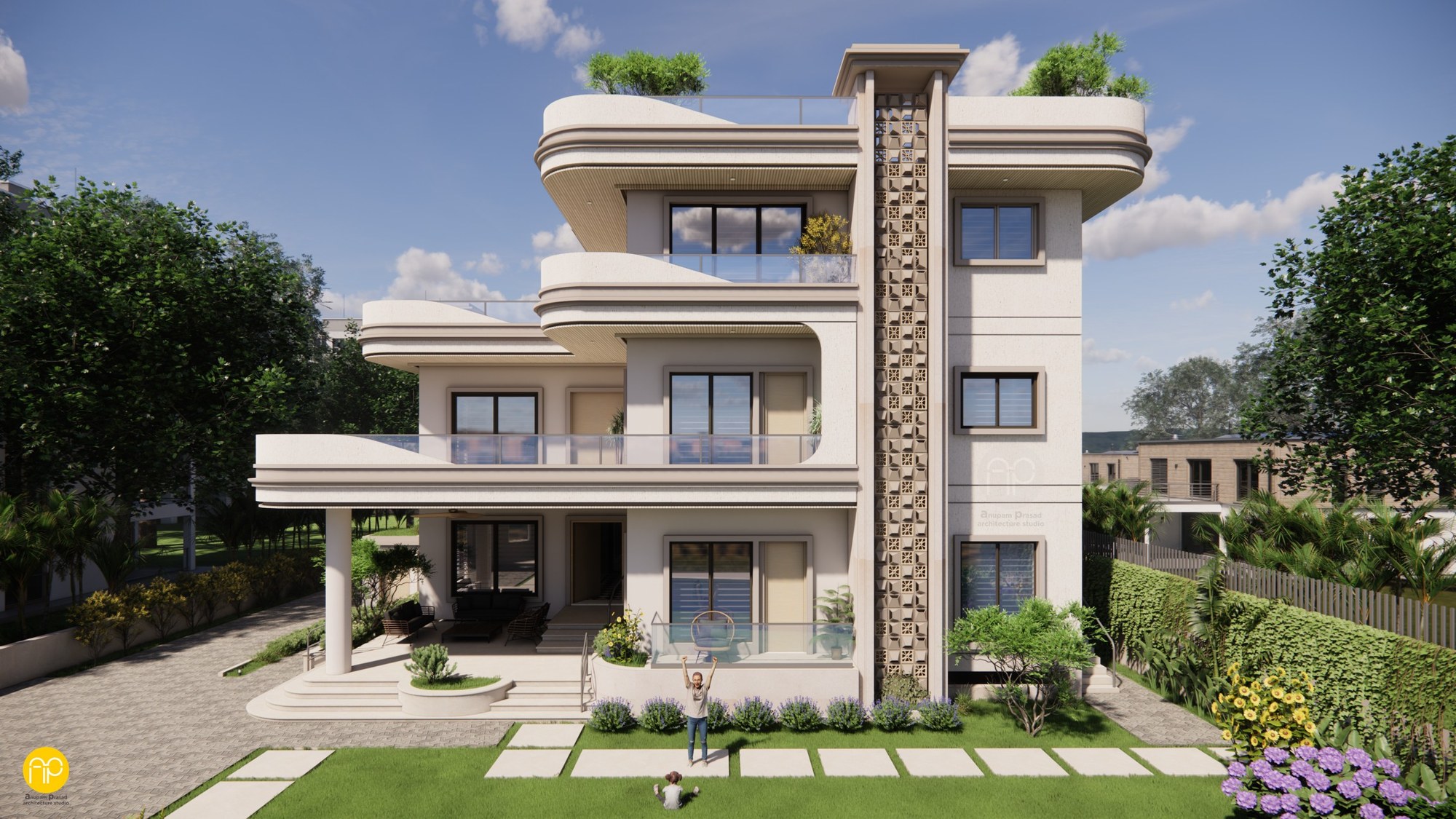 Proposed Anuj Yadav Residence with curved balconies, planted terraces and a patterned vertical screen