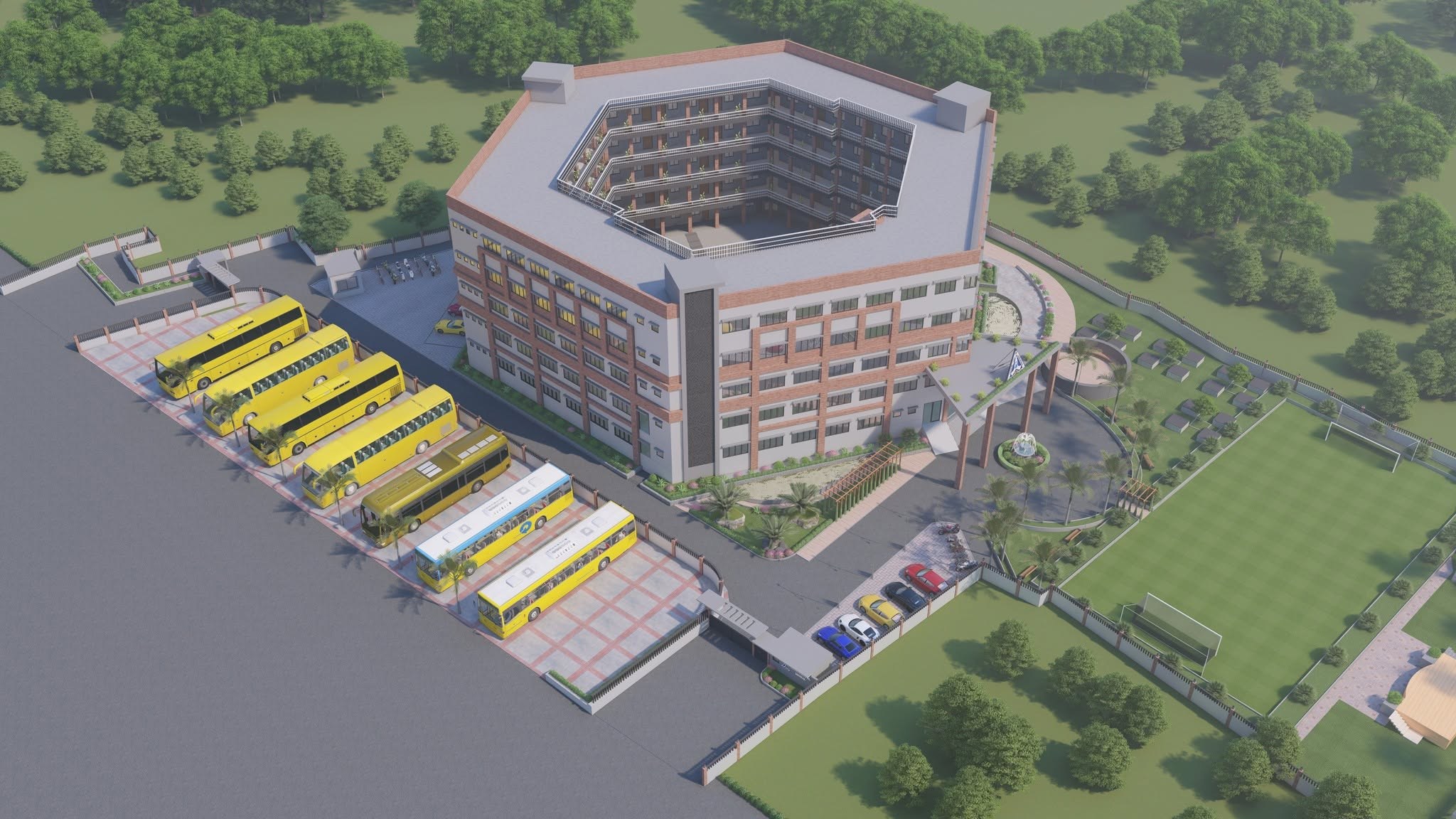 Full-campus proposal visualisation of Apna School showing a hexagonal teaching block around an inner ground, with arrival areas and an outdoor playing field