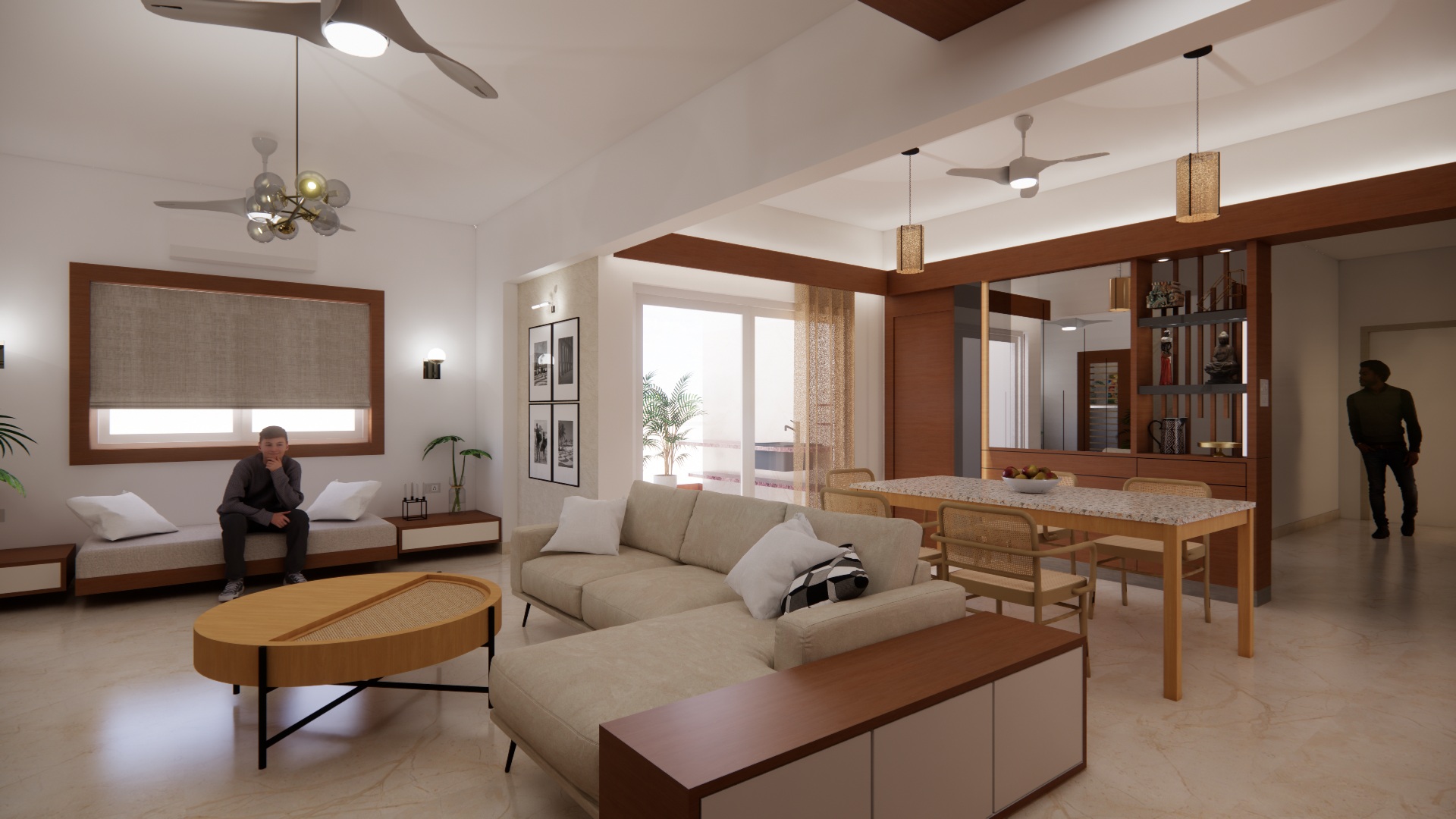 Living and dining interior with fitted seating, timber surrounds and a display partition, rendered from the archived SketchUp model
