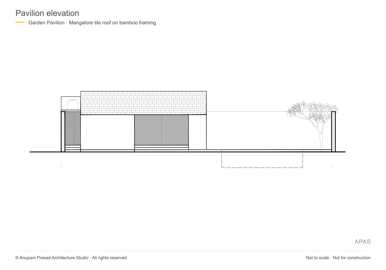 Pavilion elevation · Proposed tiled roof and wide openings towards the garden.