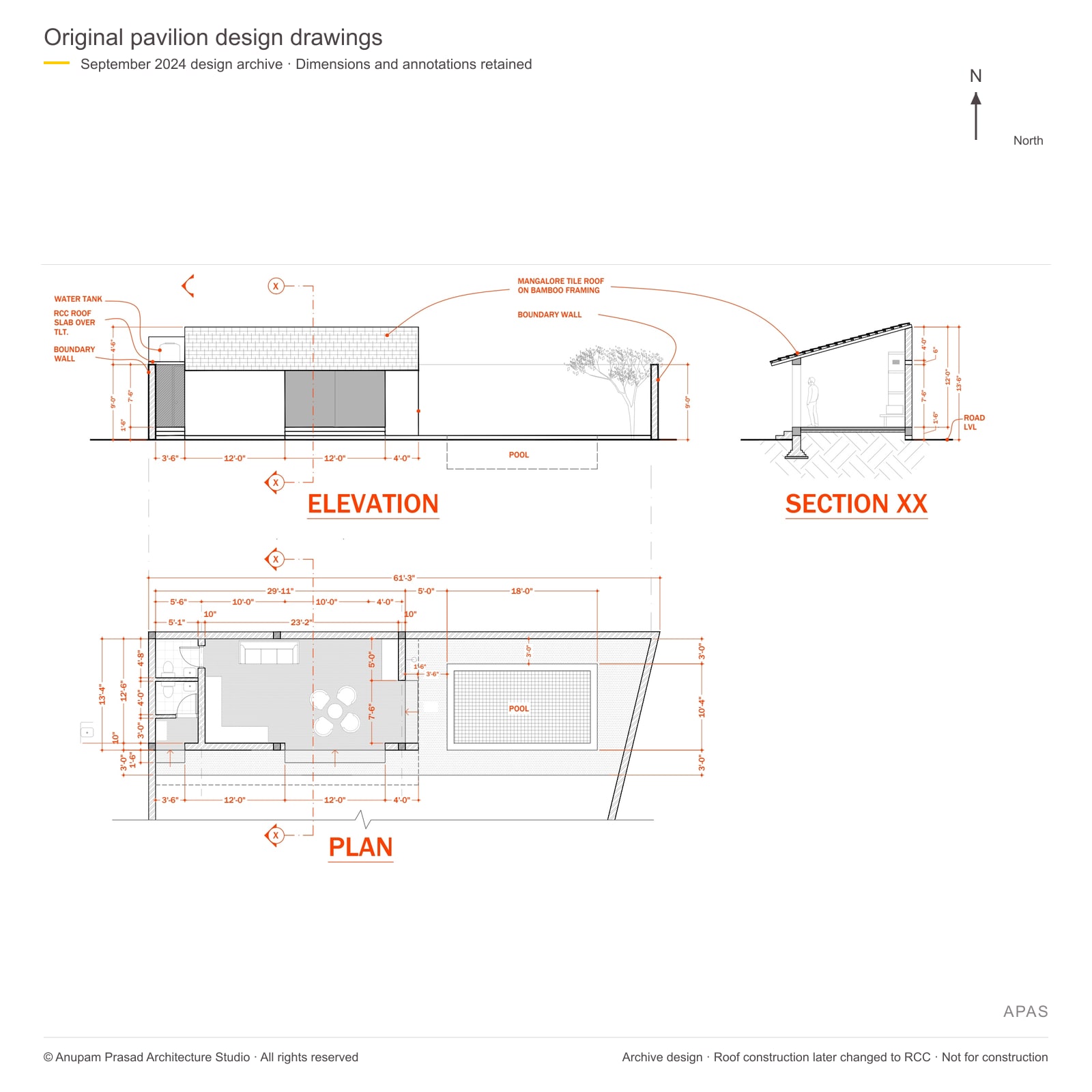 Original plan, elevation and section · Bamboo-and-tile proposal, later replaced by RCC construction.