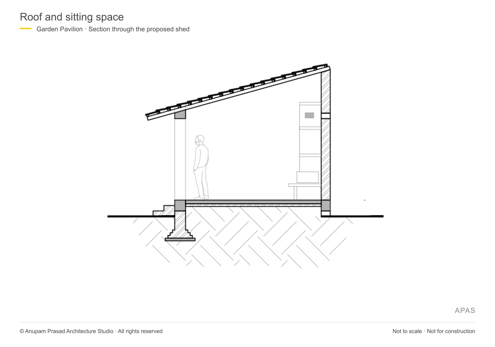 Pavilion section · Single-slope roof, covered sitting space and raised floor.