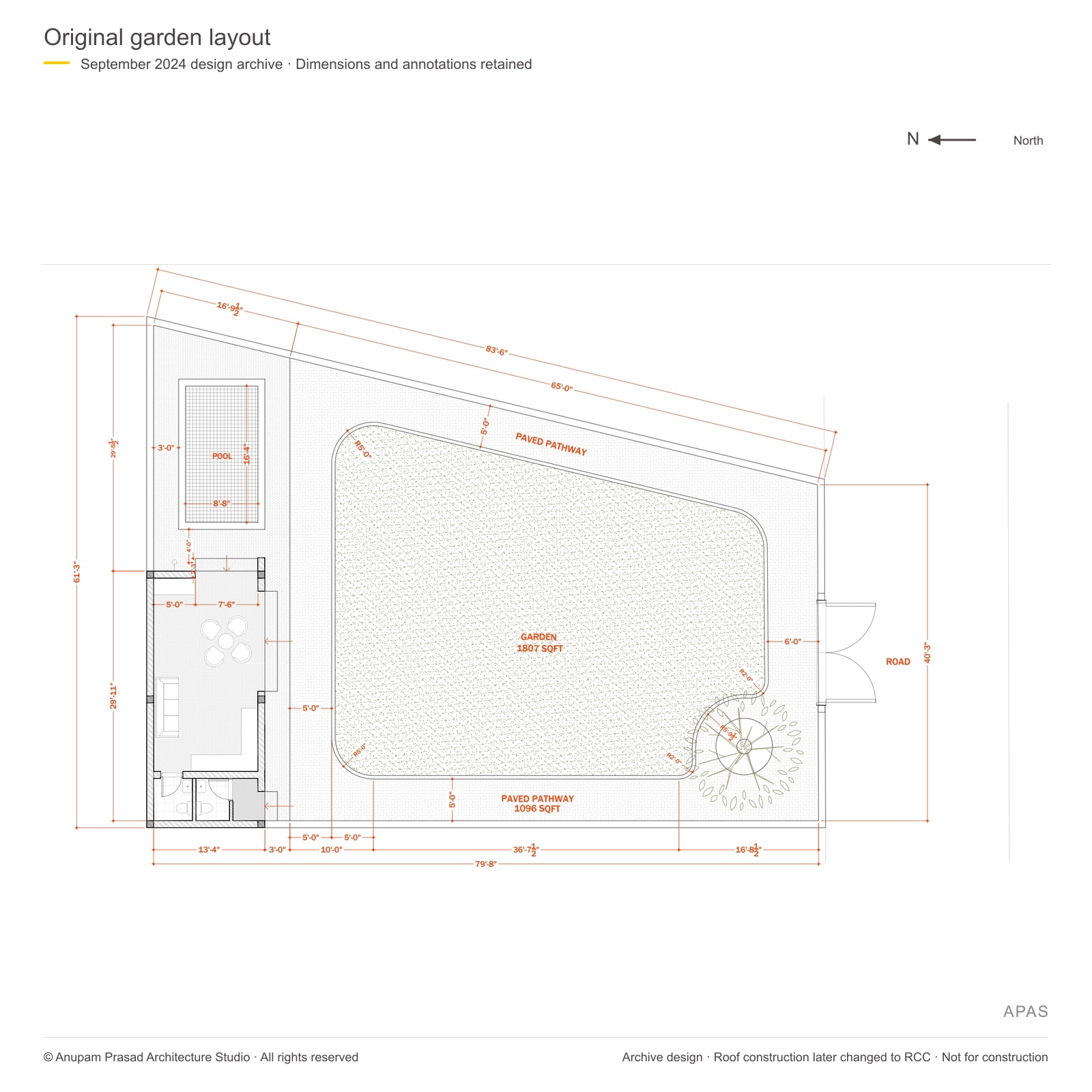 Original annotated leisure-garden layout with red dimensions and labels