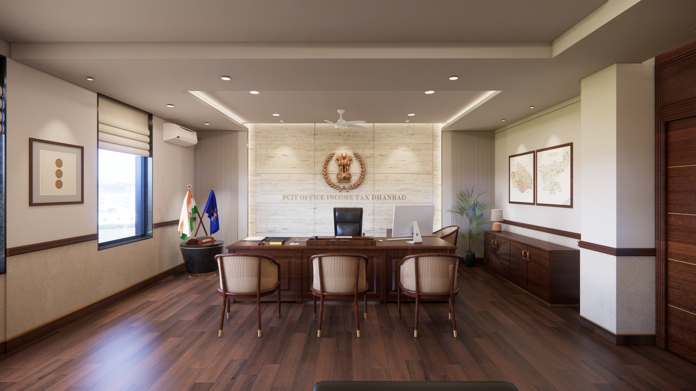 Formal desk and visitor seating, with a pale feature wall and timber-toned floor.