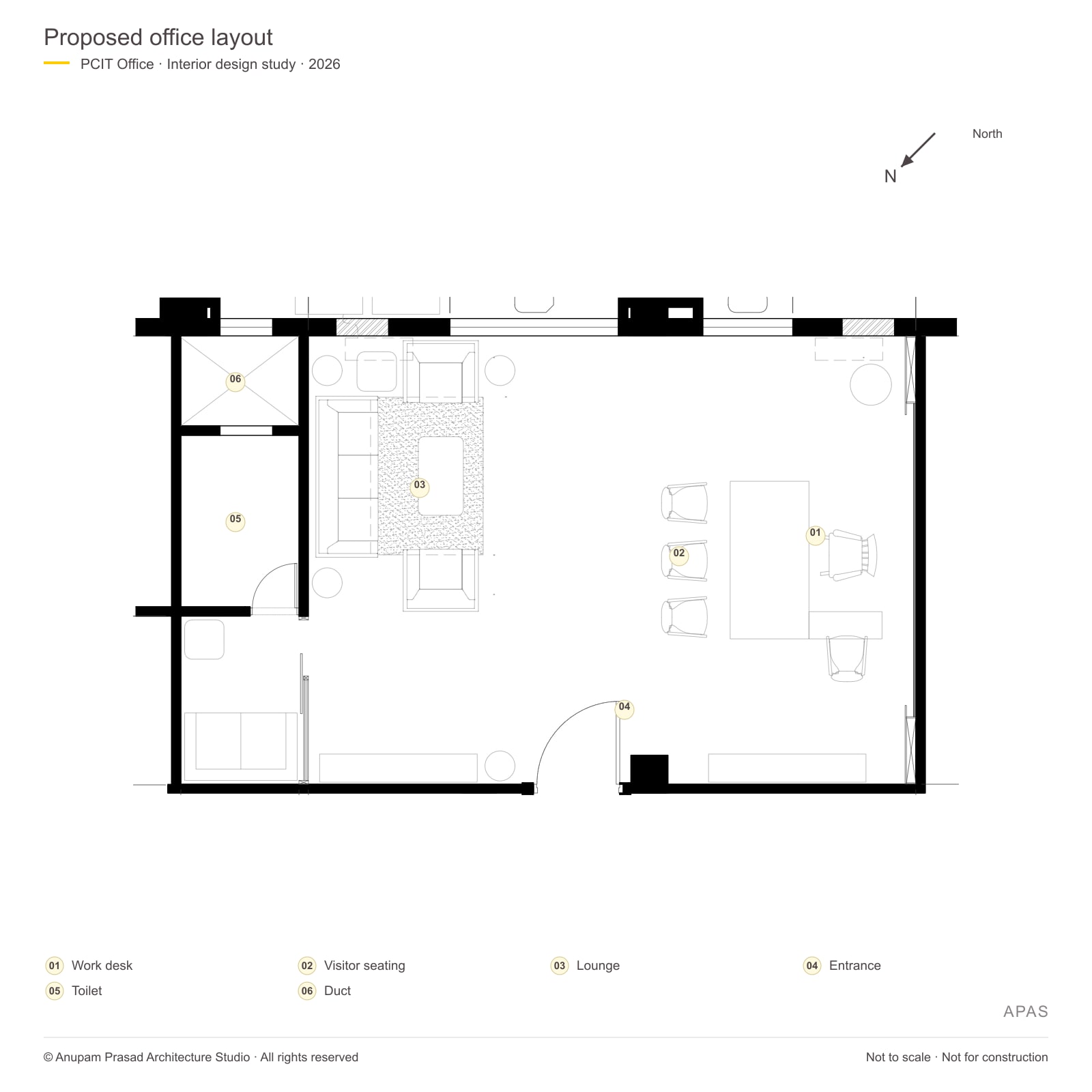 Proposed office plan · Work desk, visitor seating, lounge and existing service rooms.
