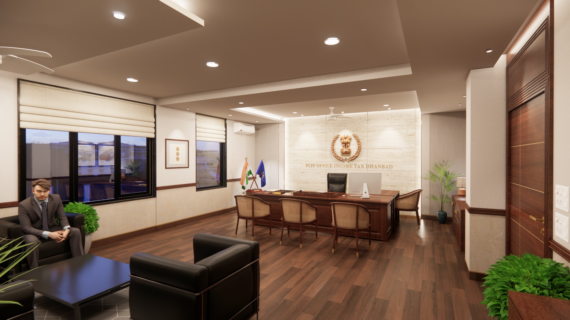 The work area and informal seating share one interior.