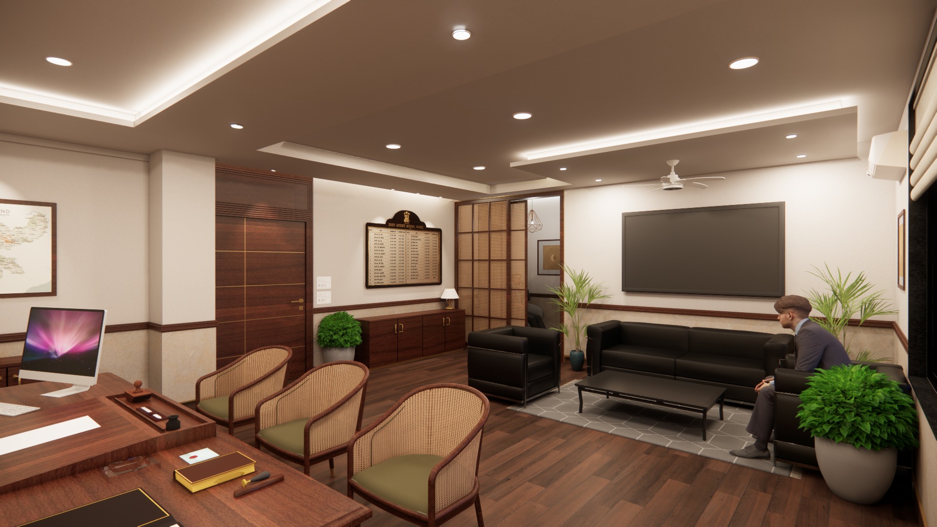 Lounge seating and media wall on the other side of the room.