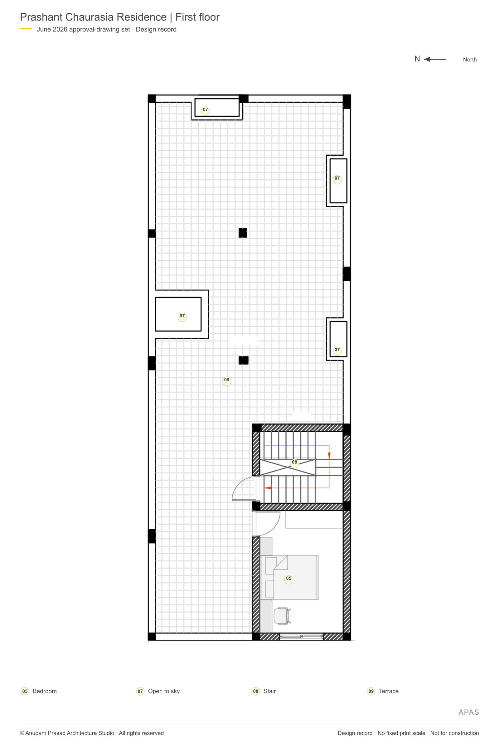 Upper-floor bedroom, stair enclosure and open terrace.
