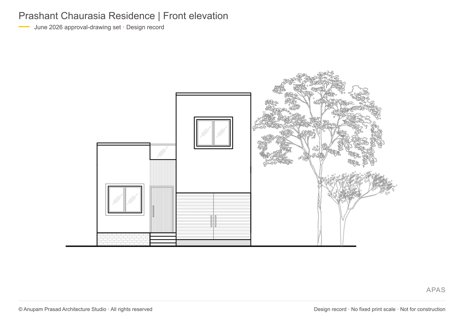 Front elevation of Prashant Chaurasia Residence from the architectural drawing set.