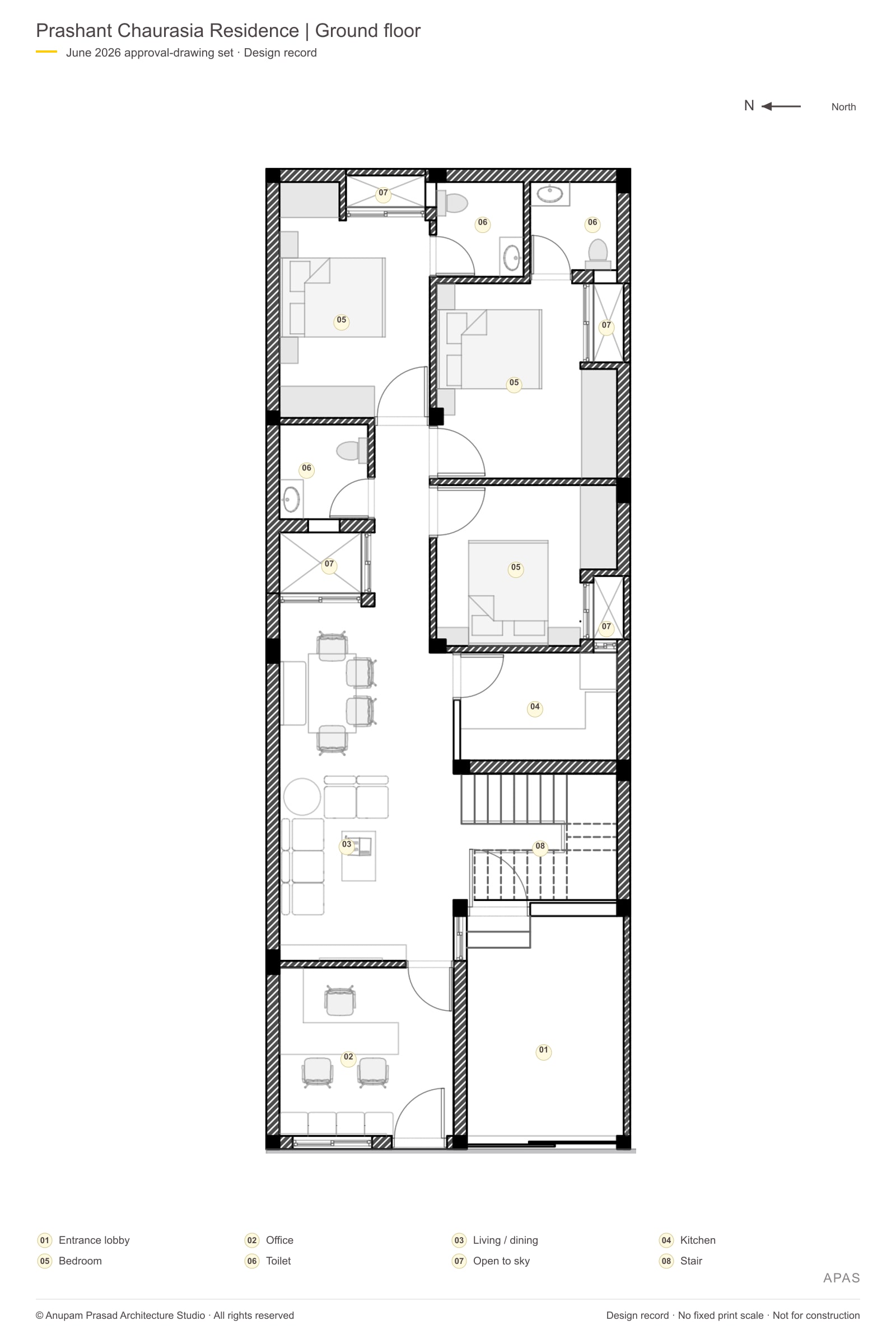 Ground floor: entrance lobby and office at the front; living, dining and three bedrooms farther inside.