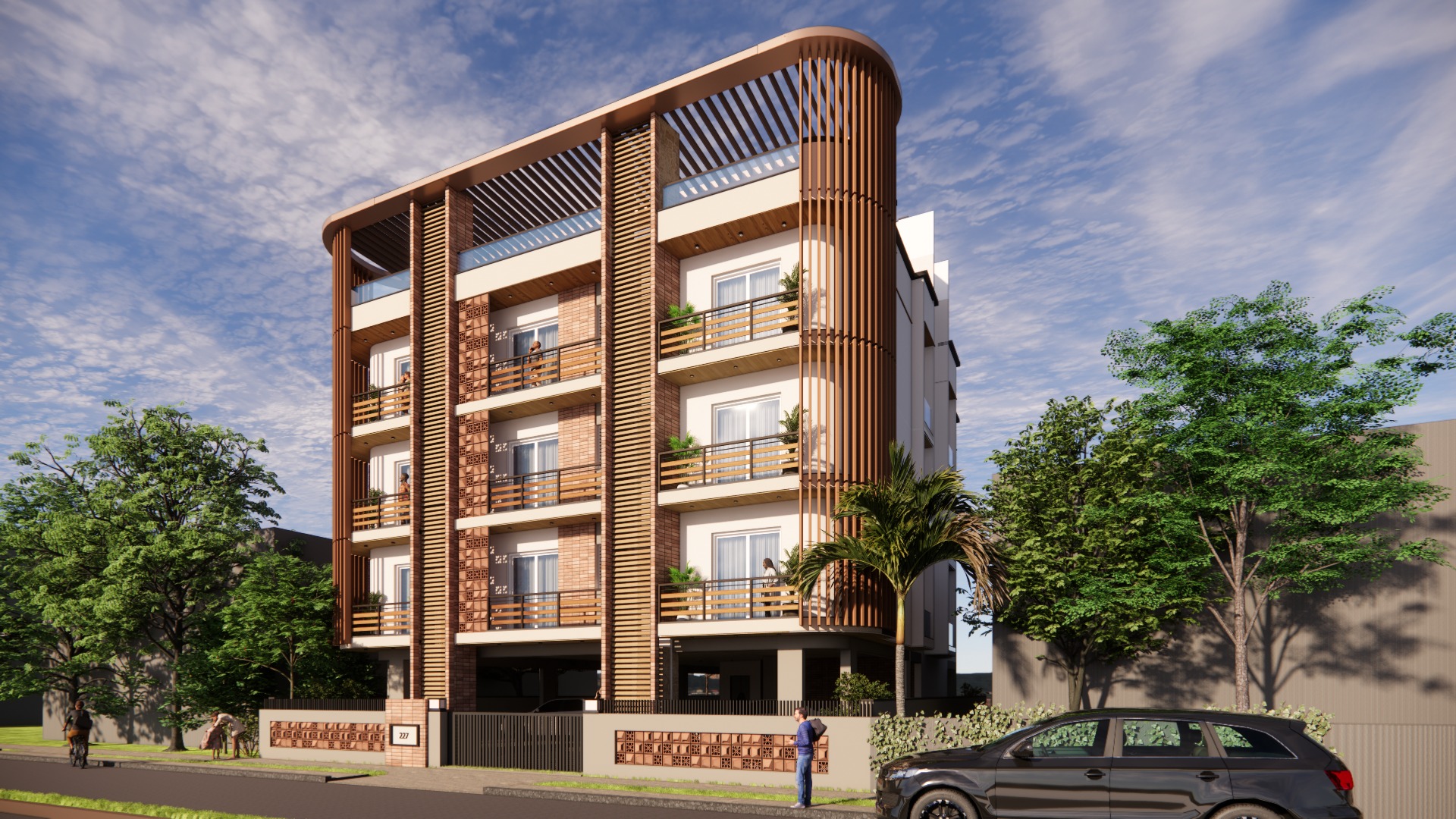Daylight design visualisation of Sonu Singh Apartments, with stacked balconies, vertical screens and rounded facade corners