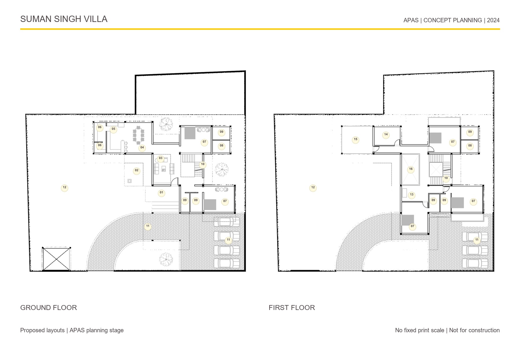 Ground and first-floor concept plans for Suman Singh Villa, with rooms arranged beside a garden and curved arrival drive